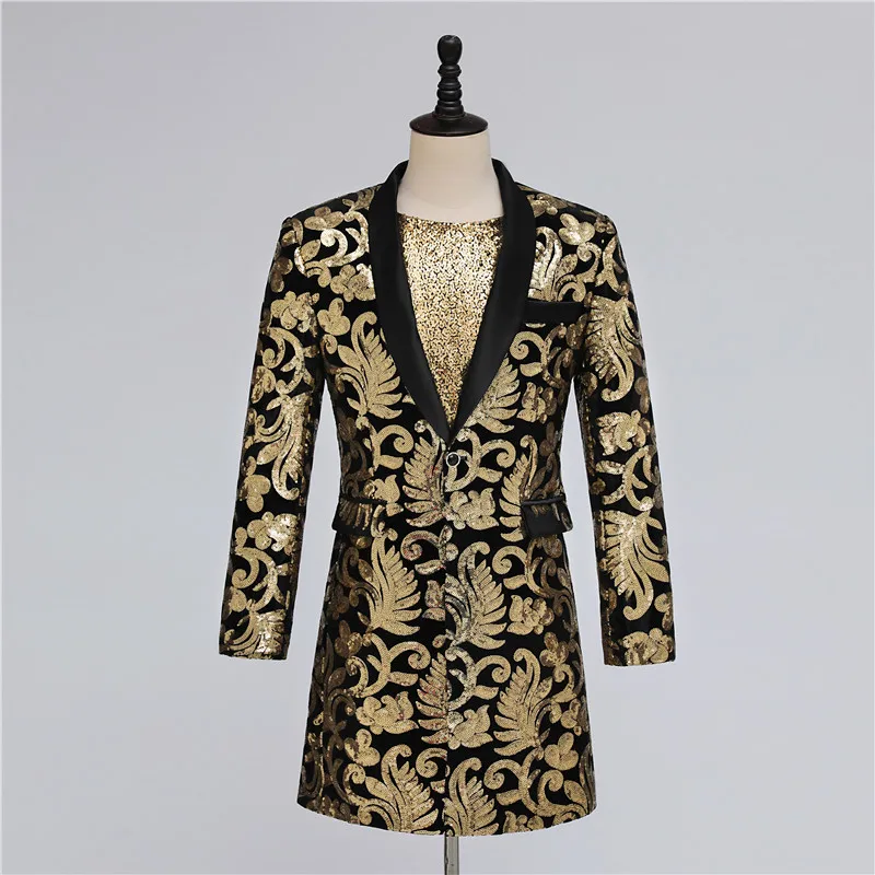 2025 men's long black and gold sequined suit, host stage performance studio photo suit