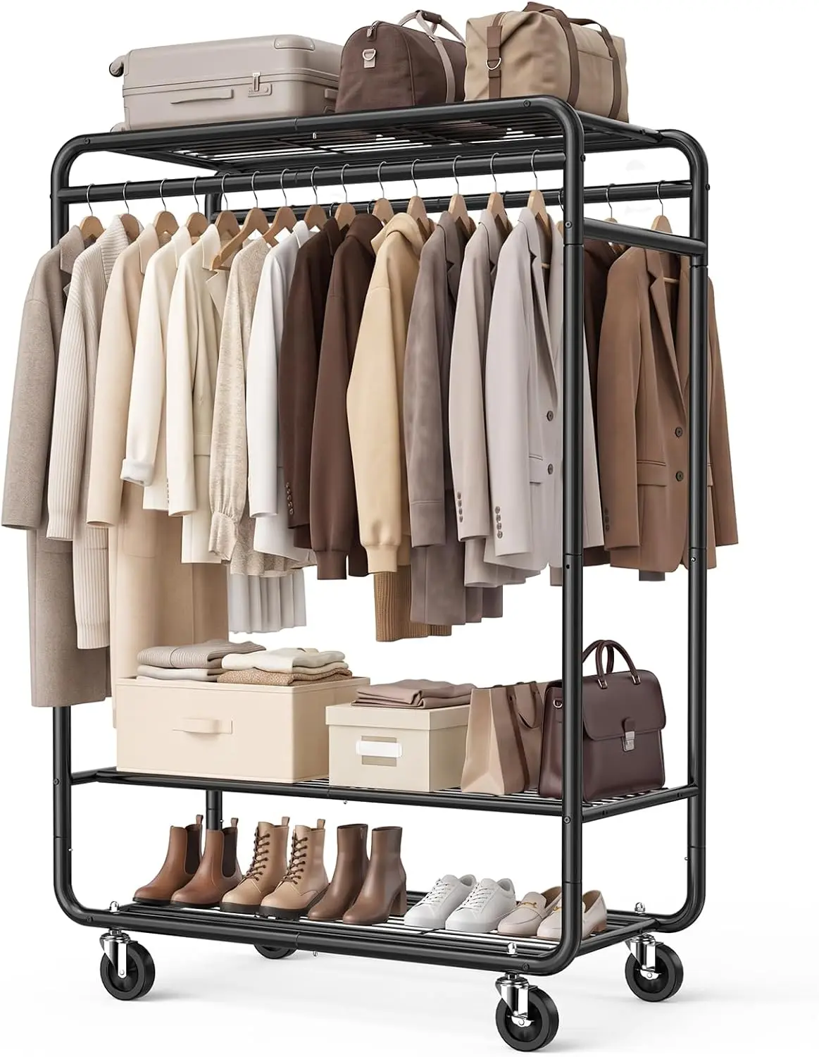 Heavy Duty Clothes Rack, 820 lb Double Rod, 3 Shelves, Black