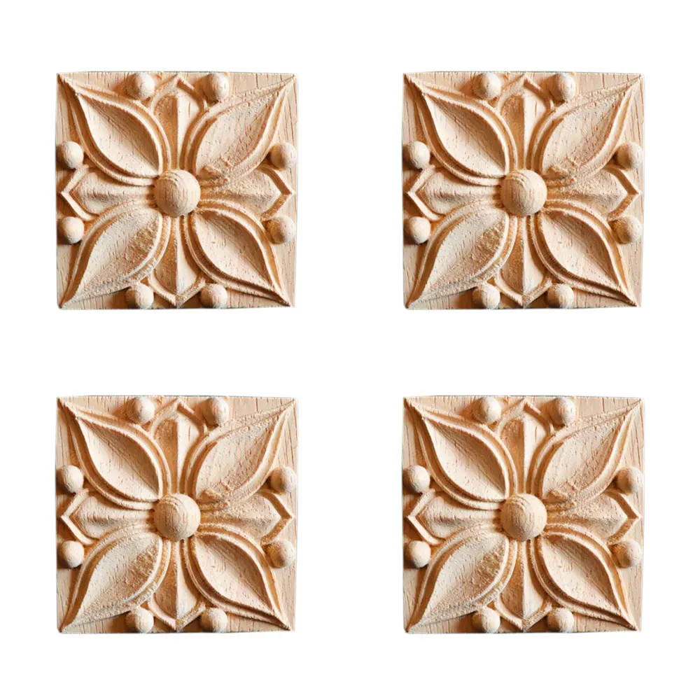 4PCS Wood Mouldings Wood Carving Door Onlay Wood Applique Wood Decal Natural Retro Wooden Cabinet Furniture Corner DIY Decor