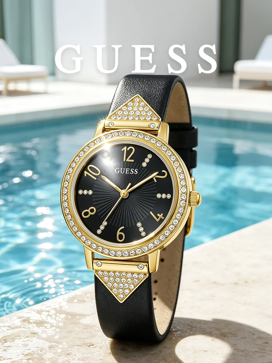 Guess Women's Quartz Watch Black Leather Strap Gold Tone Analog Rhinestone Bezel for Casual Streetwear Fashion Accessory Gift