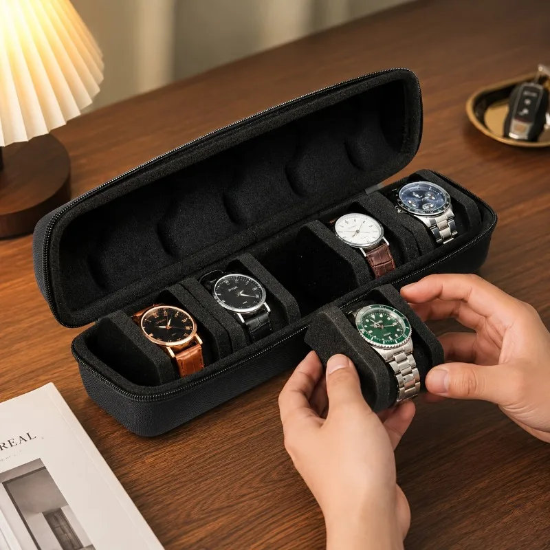 Single Piece 5-Compartment Watch Storage Solution, Featuring a Cushioned Divider And Handle, Flip-Top Lid, Robust Travel Case,
