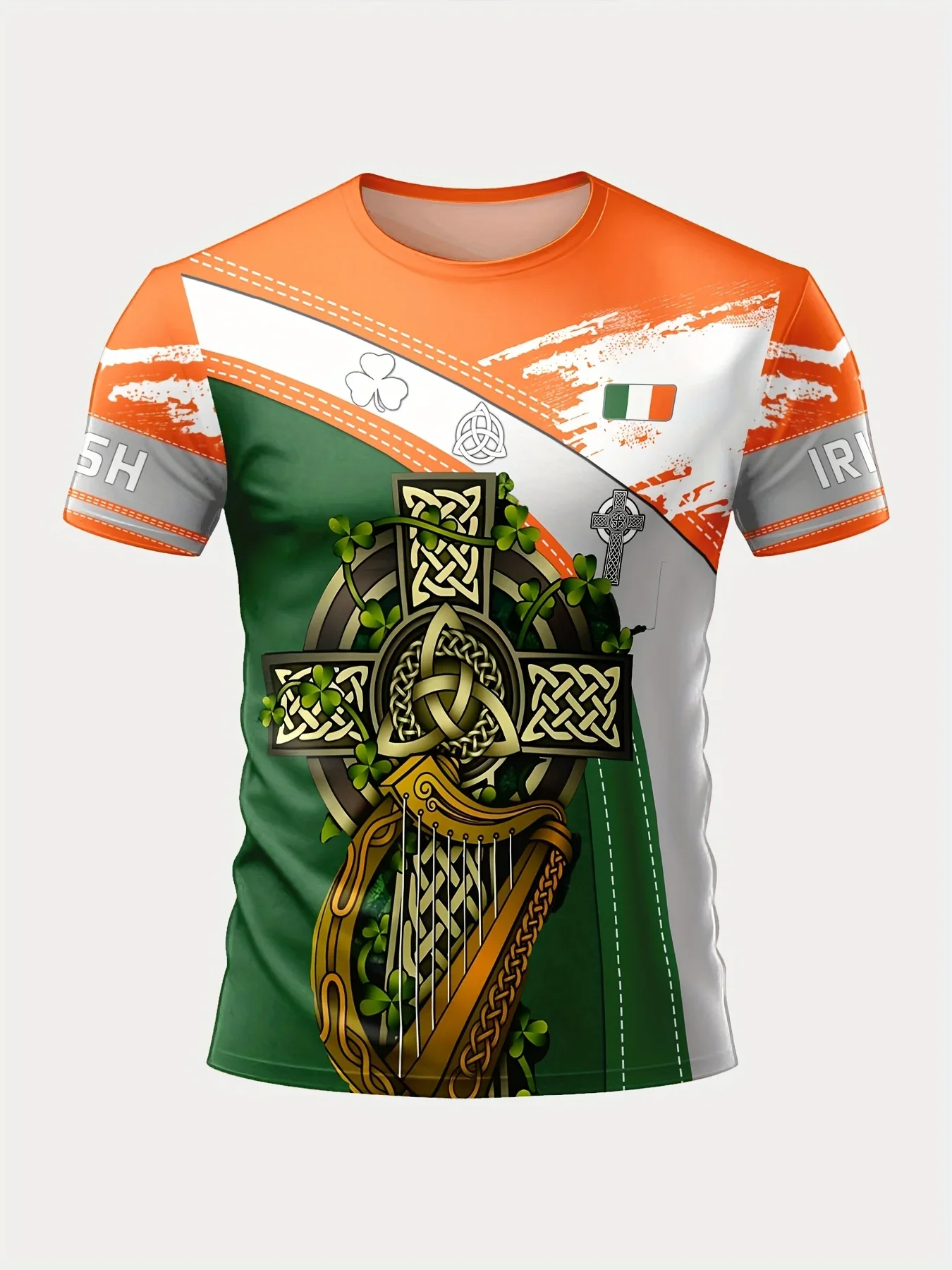 تي شيرت رجالي مبتكر بتصميم قيثارة أيرلندية وصليب سلتيك - أكمام قصيرة من البوليستر بتصميم عتيق قابل للغسل في الغسالة