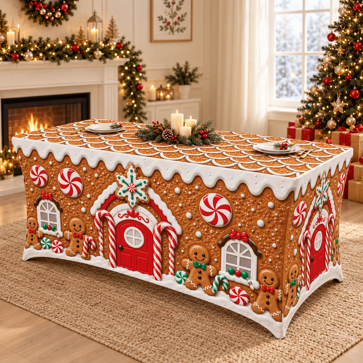 Christmas Gingerbread House Stretch Tablecloth Elastic Fitted Rectangular Table Cover Candy Cane Print Holiday Party Decoration