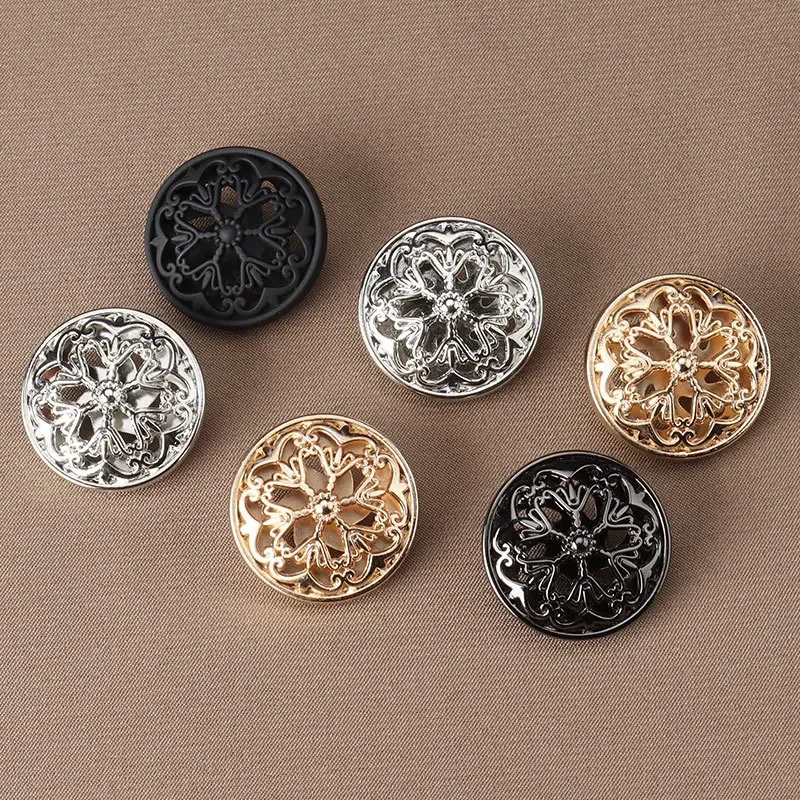 10 Pieces Hollow Flower Buttons Beautiful Golden/Silvery/Black Metal Round Shank Buttons Woman Clothes Accessories