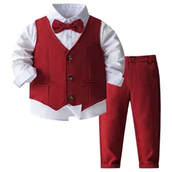 Baby Toddler Boys Gentleman Formal Suit Tuxedos Birthday Party Wedding Outfit Bow Tie Long Sleeve Dress Shirt Vest Pants Set