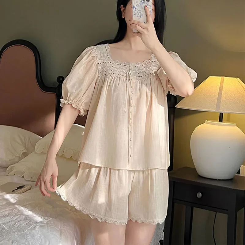 Princess Vintage Short Sleeves Cotton Pajama Sets Sweet Lace Square Collar Two-Pieces Sleepwear Summer Breathable Loose Pyjamas