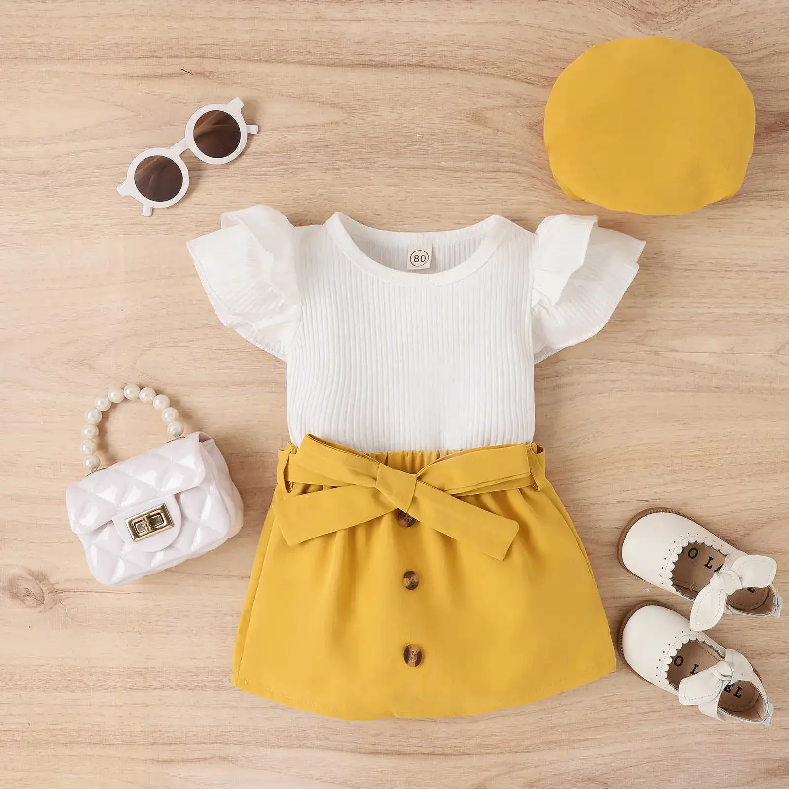 New Toddler Baby Girl Summer Cotton Short Sleeve Tops +Button Binding Candy Color Skirt +Beret 3Pcs Infant Outfits Clothes 9M-6T