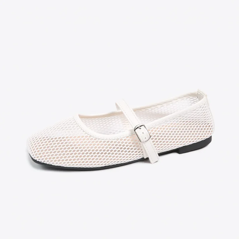 Sommerliche Damen-Mary-Jane-Schuhe mit Mesh-Ausschnitten, eckiger Zehenpartie, verstellbarem Schnallenriemen, bequemer weicher Flachsohle für den Alltag – Detail 7