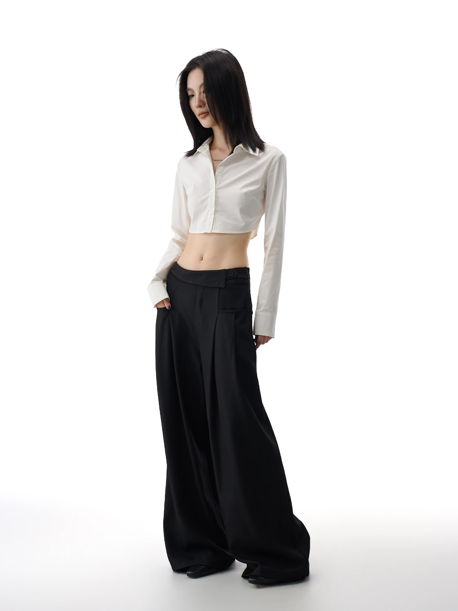 

Черные широкие брюки-костюм для женщин, свободные, струящиеся, с эффектом стройности, новинка весеннего сезона, стиль AGUA, для офиса, из полиэстера и композитных волокон