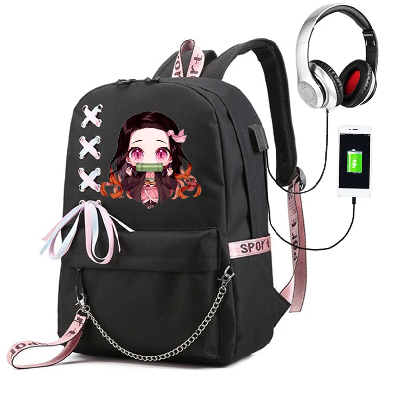 Demon Slayer Kamado Nezuko Backpacks USB Lightweight Chain Capacity School Bags For Boys Girls Laptop Travel Outdoor Mochilas