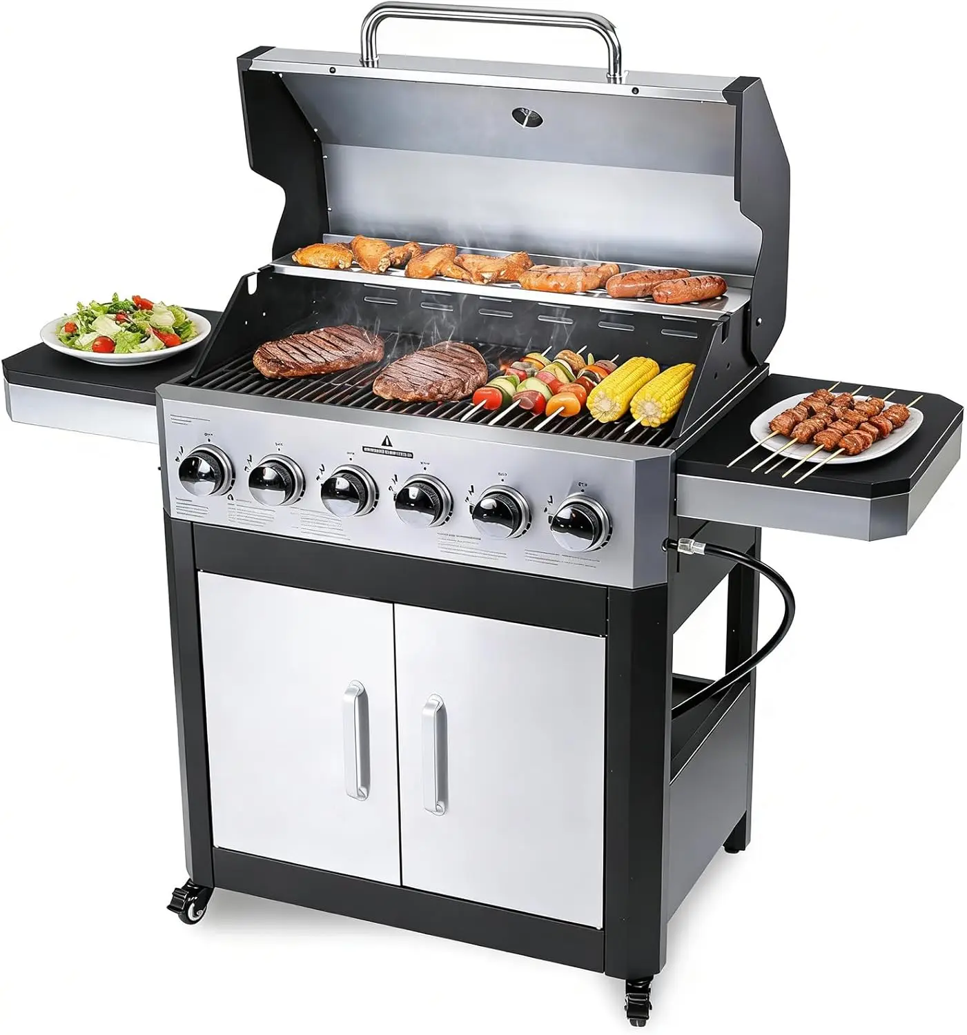 

6-Burner Propane Gas Barbecue Grill, 60,000 BTU Outdoor Cooking Station with Cast Iron Grates, Stainless Steel Warming Rack, Integrated Thermometer, Electronic Ignition, Side Shelves, Storage Cabinet