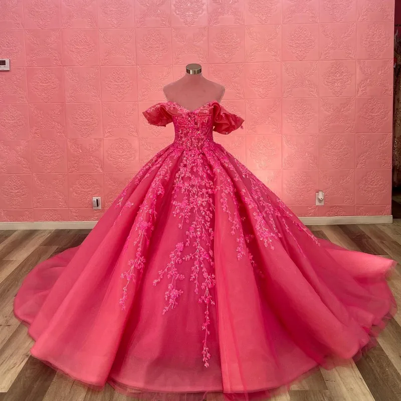 

Розово-красные платья с открытыми плечами для Quinceanera 2024, блестящее кружевное бальное платье, милое платье принцессы 16, праздничное платье 15 лет