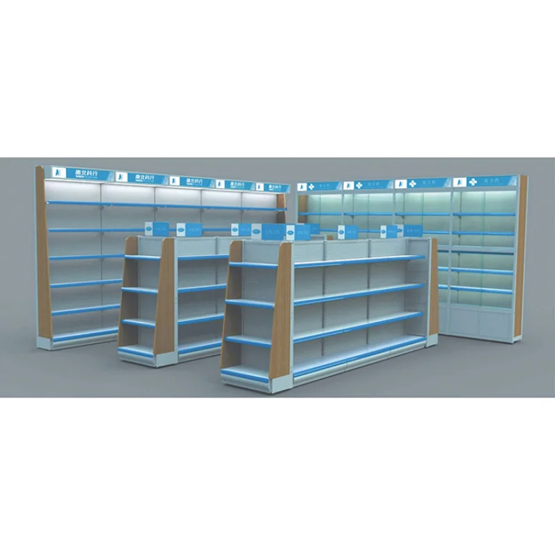 

[Customized]Freestanding Single Sided Multi-Layer Steel Wooden Drugstore Retail Store Pharmacy Display Shelves