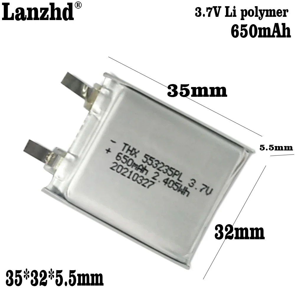 1-10 ชิ้น 3.85 โวลต์ Li - Po แบตเตอรี่โพลิเมอร์ 553233   แบตเตอรี่ลิเธียมแพ็คนุ่ม 650mAh สําหรับปลั๊กลําโพงการ์ด TWS ถังชาร์จแบตเตอรี่ MP3