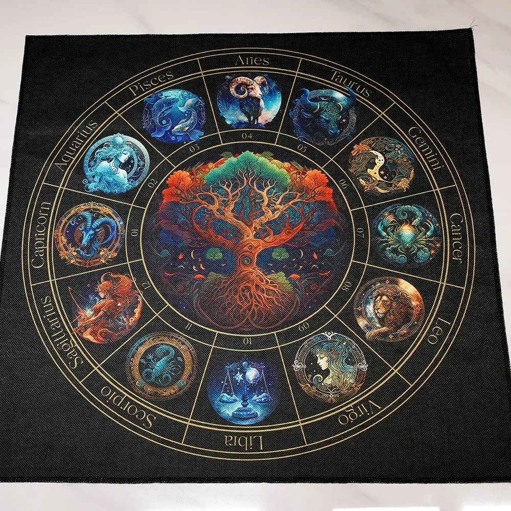 Tarot Altar Cloth with Zodiac Signs and Tree of Life Celestial Tarot Deck for Tarot and Oracle Card Readings