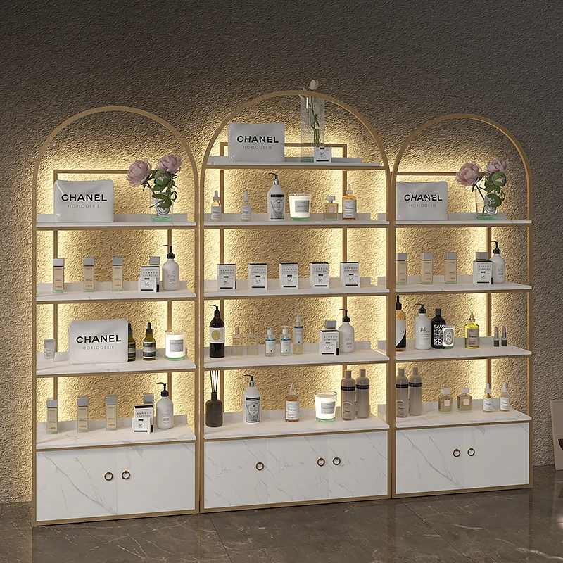 Beauty salon cosmetics display cabinet skin care products shelves nail shop display rack with lights