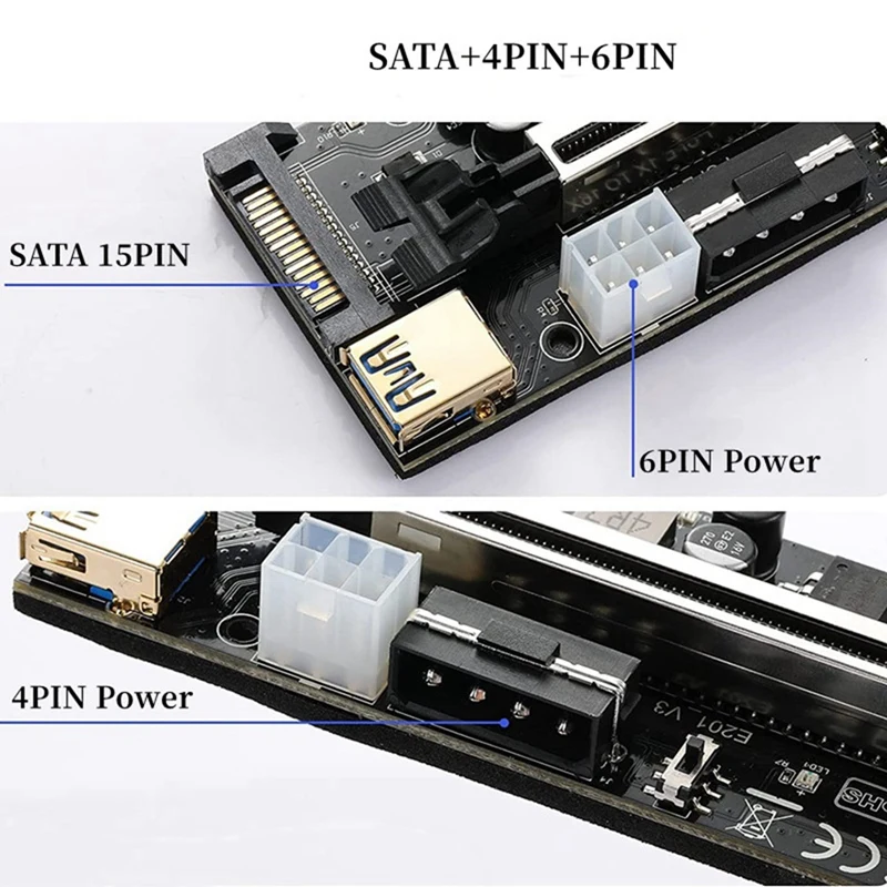 BTC 마이닝용 PCI-E 라이저 카드, 최신 VER009S PRO USB 3.0, PCI-E 라이저 익스프레스 16X 익스텐더 어댑터 카드, 6 개