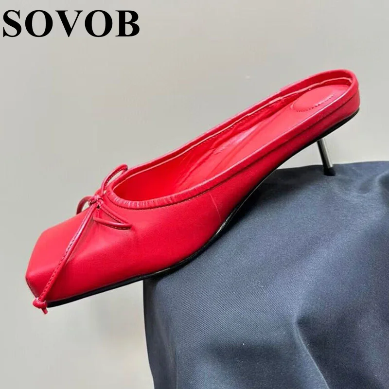 

New Genuine Leather Square Toe Slim Heel Slippers Women's Bow Decoration Mule Spring Autumn Retro Shallow Mouth Lazy Slippers