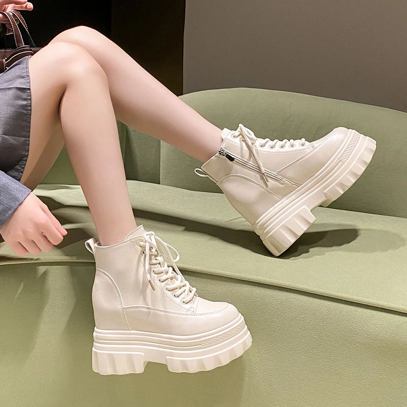 

9CM High Heels Women Platform Ankle Boots New 2026 Spring Designer Leather Motorcycle Shoes Zip Chunky Punk Boots Mujer Botas