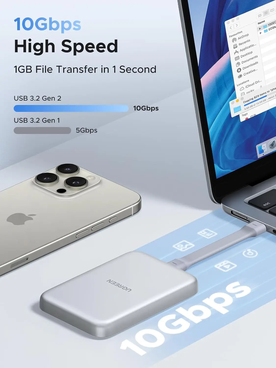 UGREEN Carcasa magnética M.2 Nvme SSD para iPhone 16 15 Pro Max, carcasa SSD externa con adaptador PD 100W 10Gbps USB C a NVME