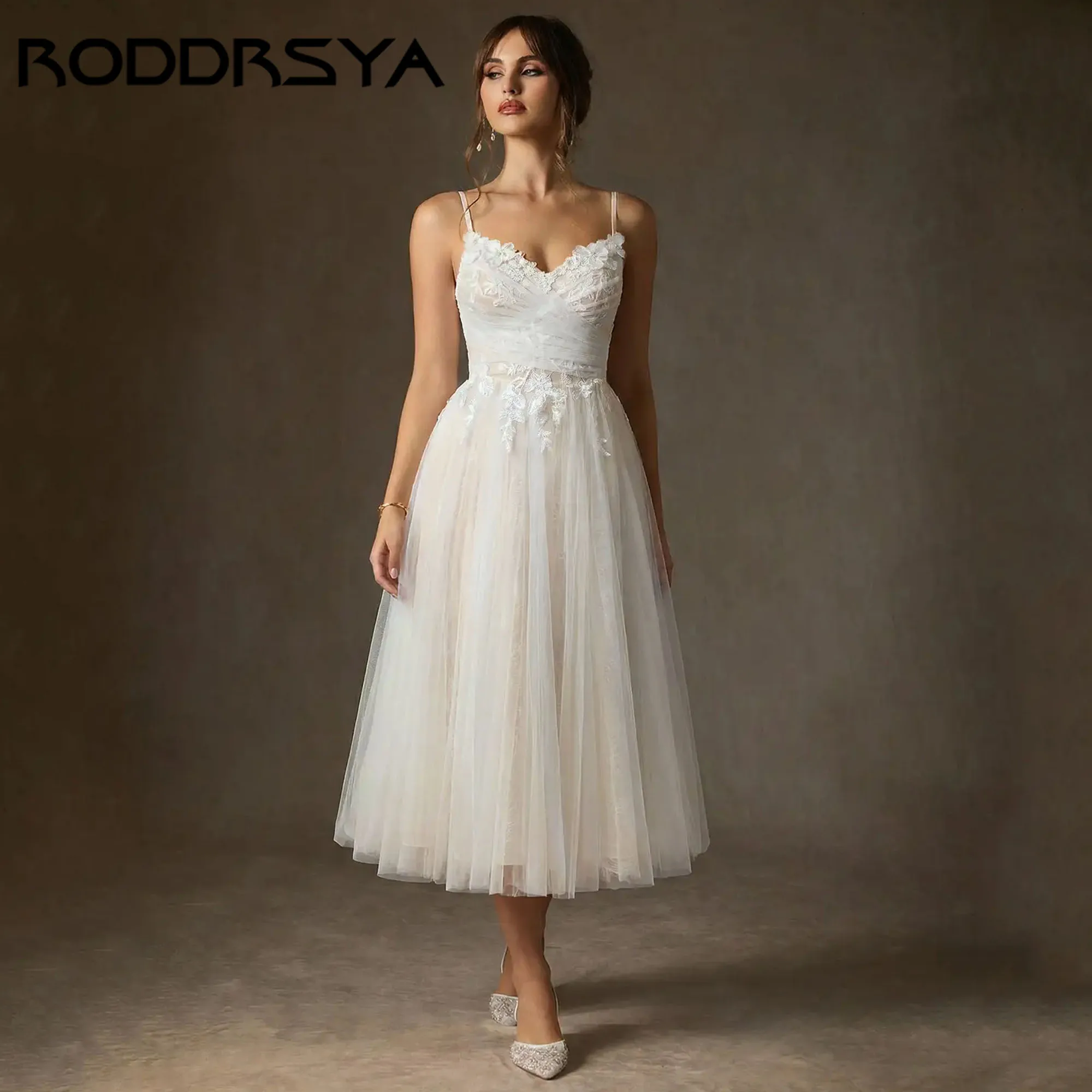 RODDRSYA Tulle A-Line Wedding Dress with Bow Spaghetti Strap Midi Modern Bridal Shower Dress V-neck vestidos de novia Customized