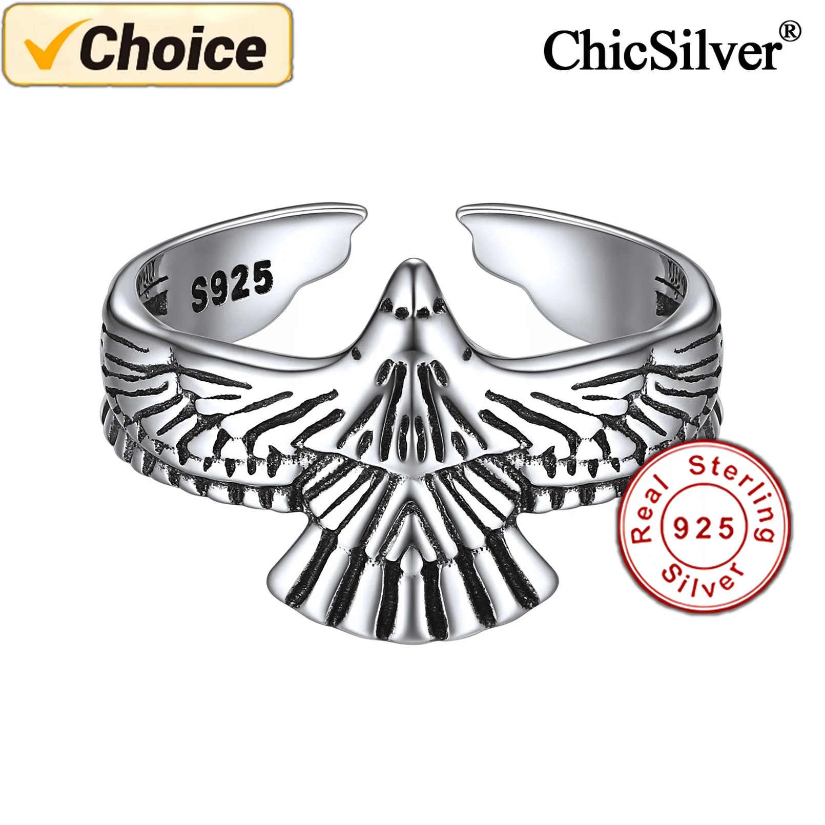 

925 Sterling Silver Flying Eagle Ring Hawk Retro Antique Silver Jewelry Punk Style Adjustable Open Ring for Women Men