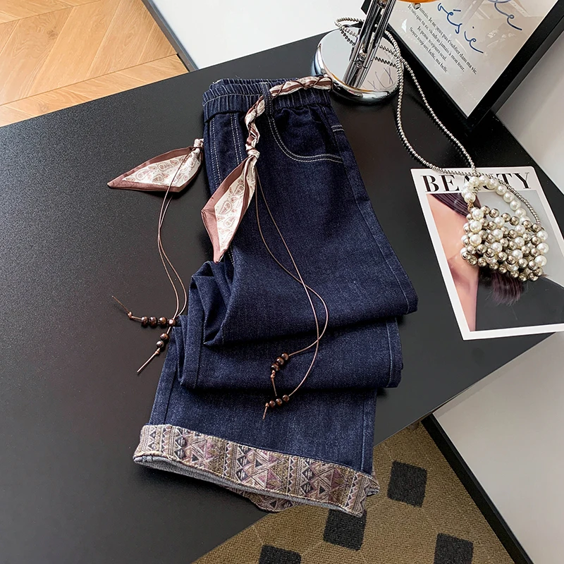 High Waist Wide Leg Denim Jeans Women's Vintage Slim Scarf Belt Straight Leg Pants Casual Cotton Long Trousers Autumn 2025