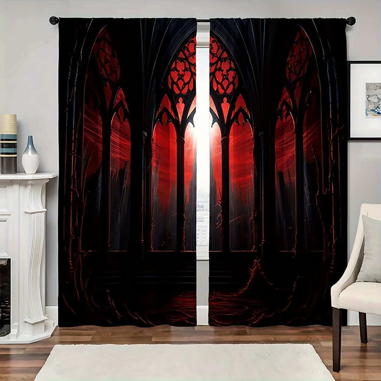 2pcs Dark Gothic Arch Window Print Curtains Red Black Mysterious Pattern Polyester Window Drapes for Living Room Bedroom Decor
