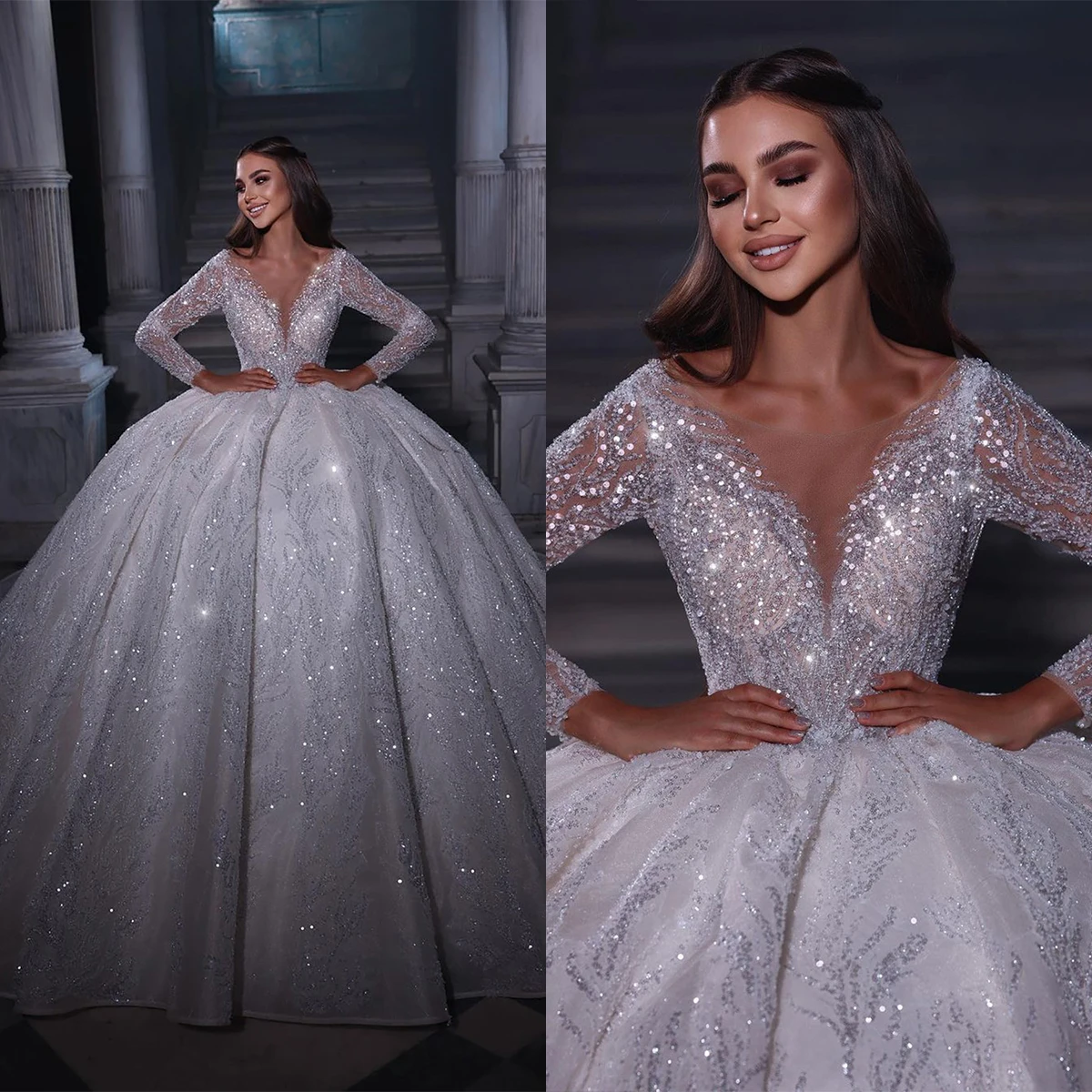 

Romantic Ball Gown Wedding Dresses V-neck Appliques Sequins Lace Tulle Backless Bridal Gown Zipper Custom Made Robe De Mariée