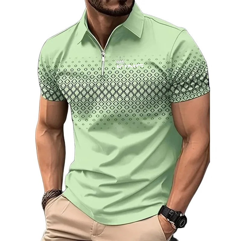 Kaus Golf berisleting pria, pakaian atasan kasual lengan pendek bercetak musim panas