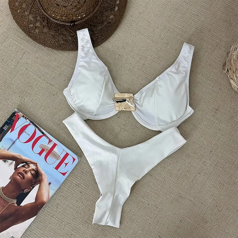 Solid Color Two Piece Bikini Women Backless Triangle Swimsuit for Beach Vacation