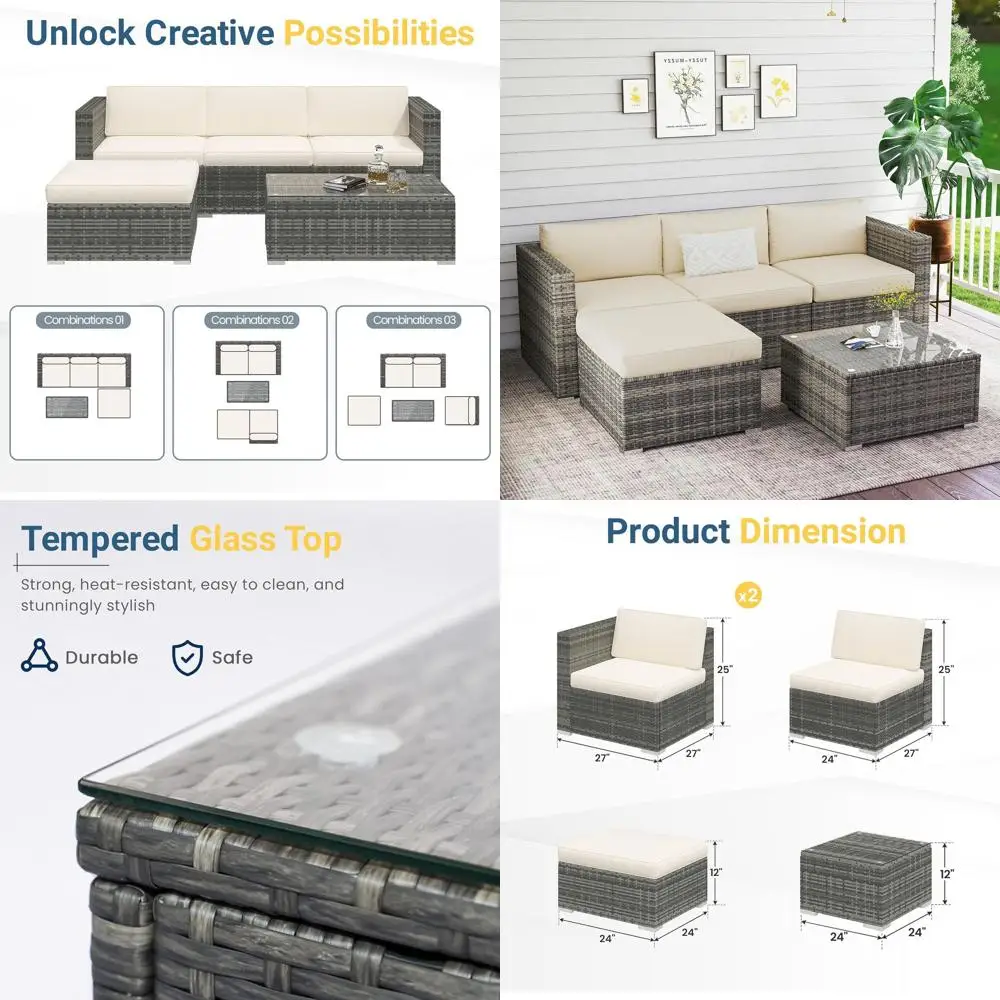 

Комплект садовой мебели из 5 предметов, всепогодный секционный комплект из искусственного ротанга с подушками и стеклянным кофейным столиком, идеальный вариант