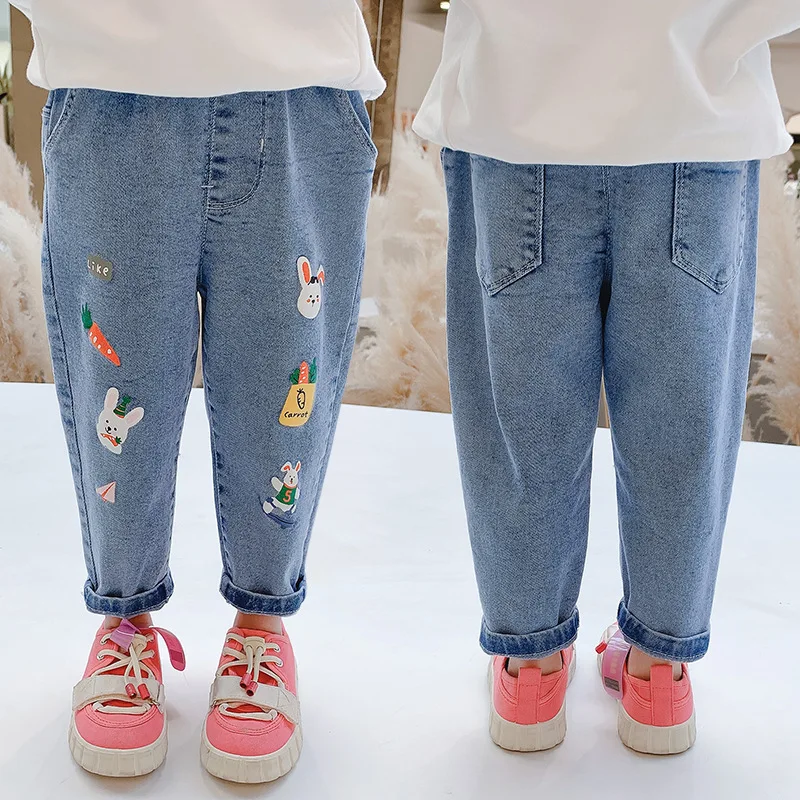 

2023 Baby Girls Jeans 1-5 Years Kids Clothes For Girls Autumn Cartoon Pants Fashion Toddler Girl Loose Trousers Children Jeans