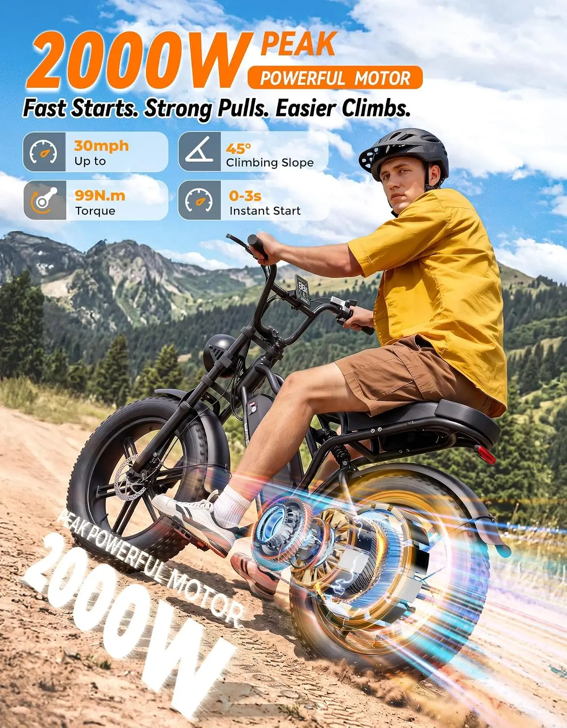 2000W Peak Fat Tire Electric Bike 70 Mile Range Mountain Beach Snow, Customized