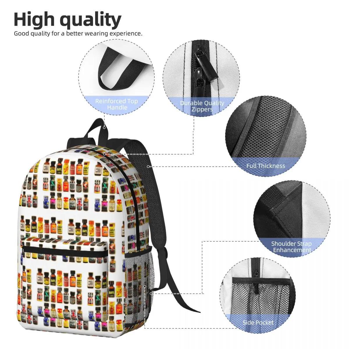 Poppers Bottles Gay Rush Jungle Juice Amyl Inhaler Backpack Daypack Children BookBag School Bag Shoulder Bags for Men Women