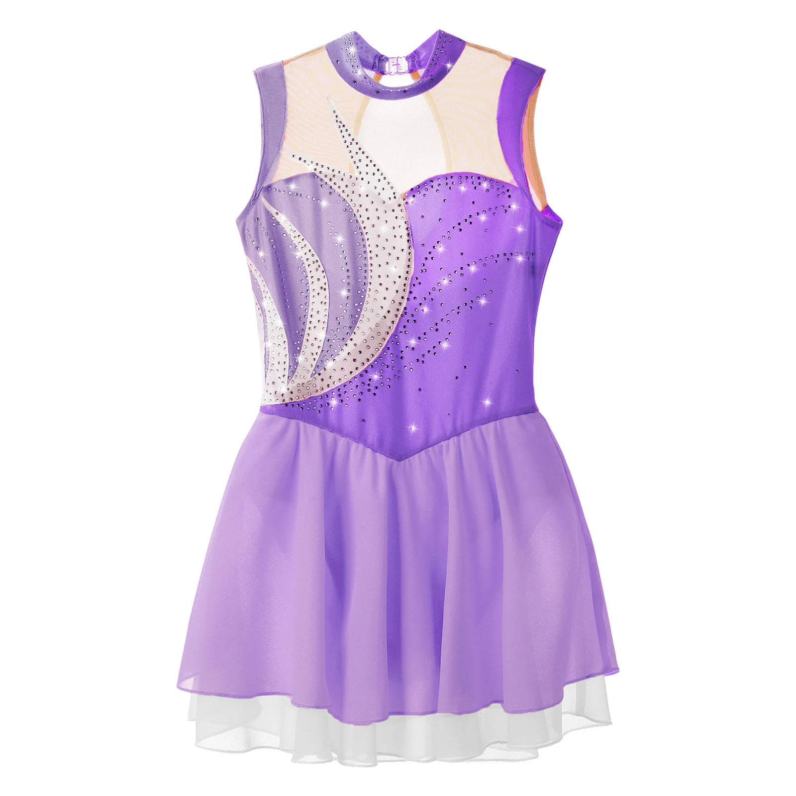 Sequins Ballet Gymnastics Leotard Dress Teen Kids Girls Rhinestone Mesh Skirted Ballroom Figure Skating Competition Costumes