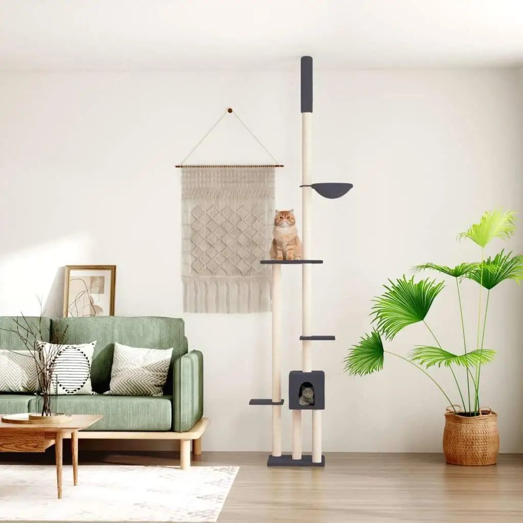 Adjustable Floor-to-Ceiling Cat Tree in Dark Grey - Space-Saving Design (258.5-284.5 cm)