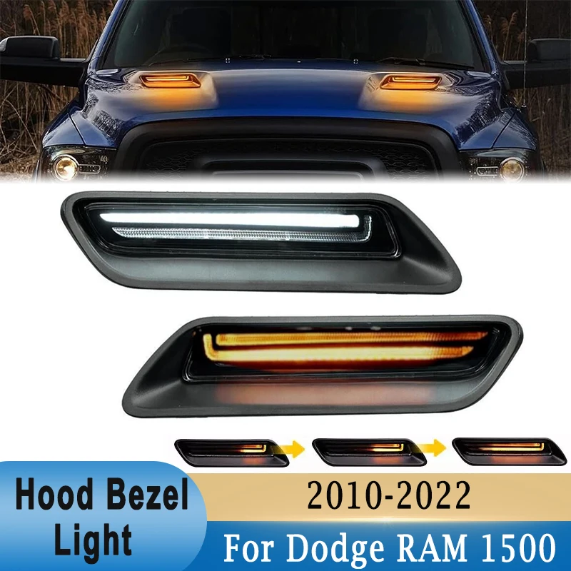 

For Dodge Ram Classic 1500 2010-2022 (with Sport Hood) Hood Bezel White Daytime Running Light Amber Dynamic Turn Signal Light