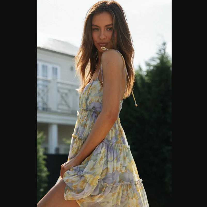 เดรสสลิปพิมพ์ลายดอกไม้สำหรับผู้หญิง เดรสวันหยุดเซ็กซี่มีซับใน เดรสราตรีหรูหรา