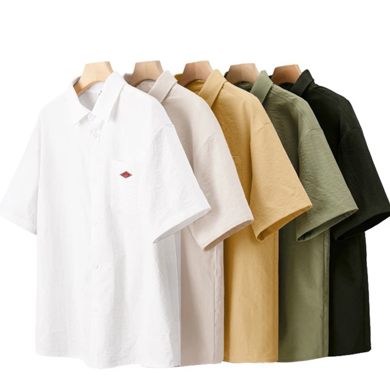 Spring Summer With Pocket Embroidery Button Down Tee High Quality Men's Casual Ice Silk Short Sleeve Shirt Korean Fashion Tops