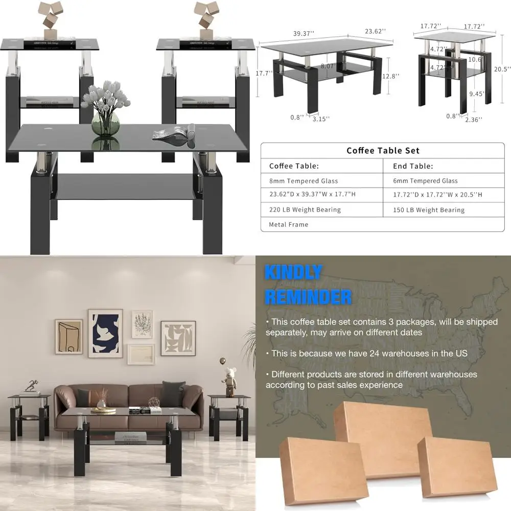 

3-Piece Black Glass Living Room Coffee and End Table Set with Metal Frame