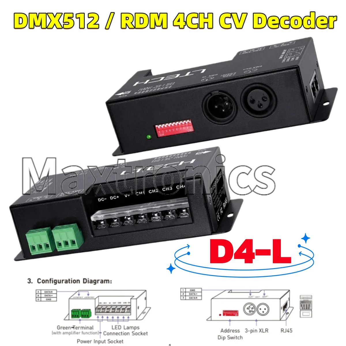 

LTECH DMX512 / RDM 4-канальный декодер CV D4-L 6A*4CH 8A *3CH DC5-24V Control Max 24A для одноцветных/RGB/RGBW светодиодных лент