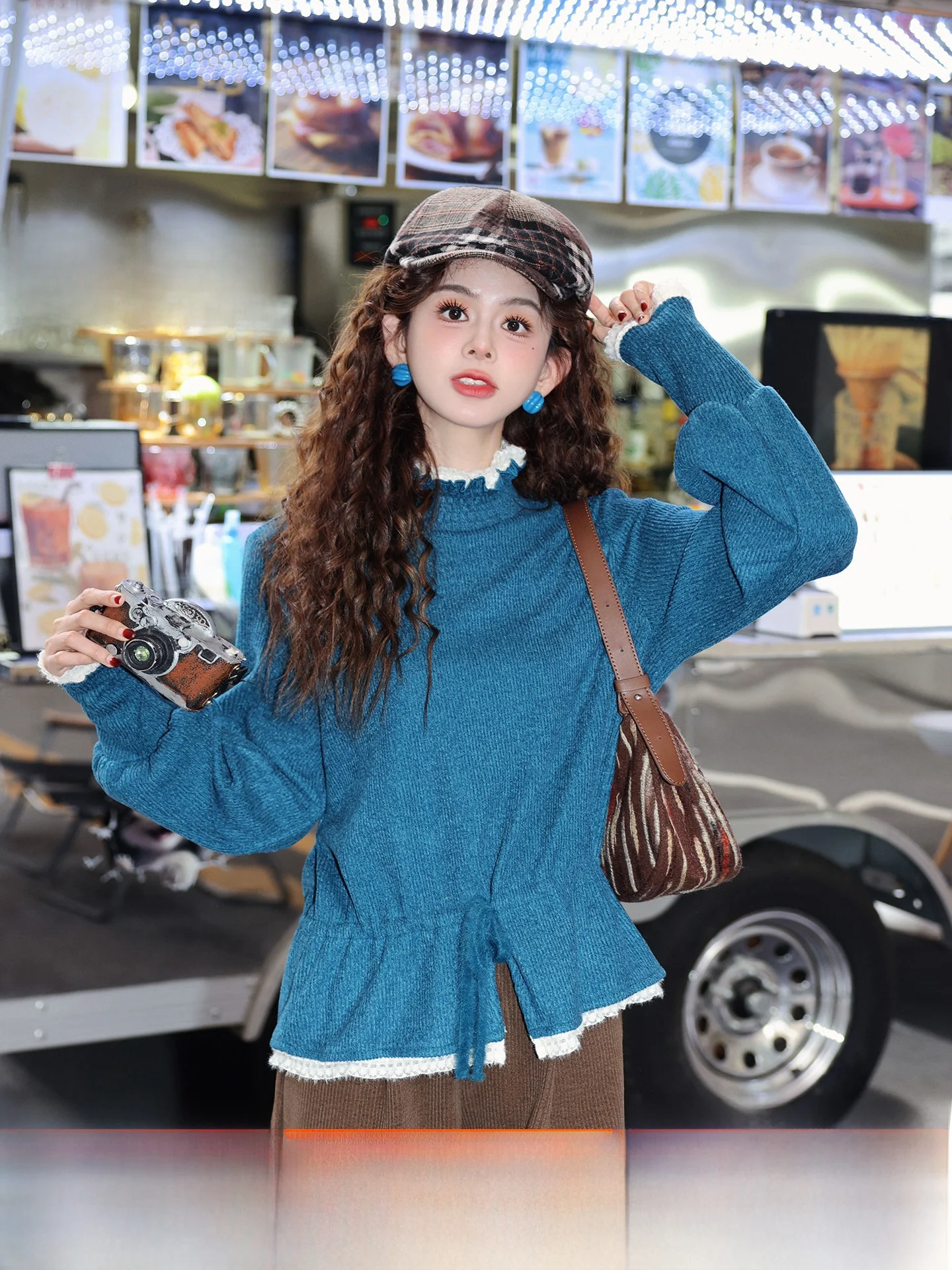 

Blue Knitted Top Women's Loose Waist Cinching Belted Inner Wear Base irt Autumn Winter Faion Vintage Sle Polyester Fiber
