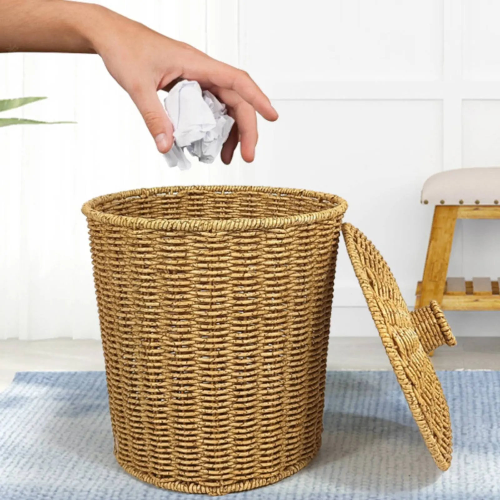 Lidded Trash Bin Woven Texture Rattan Waste Bin Wicker Trash Can Decorative Wastebasket Compact for Office