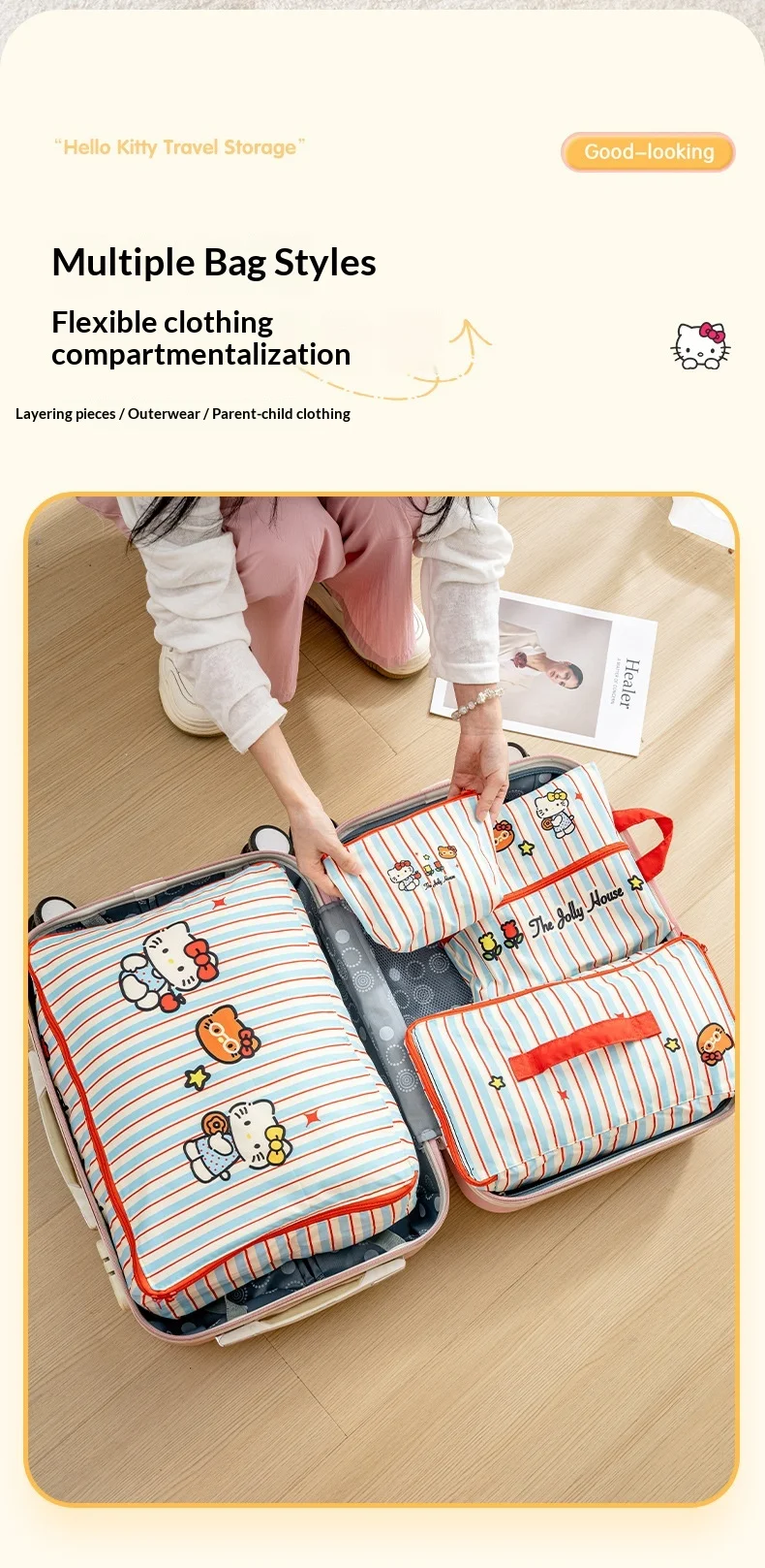 Hello Kitty Gestreifte Reise-Aufbewahrungstaschen Wasserdichte Koffer-Organizer-Tasche für Kleidung, Unterwäsche, Schuhe, Organisation, Geschenk – Detail 4