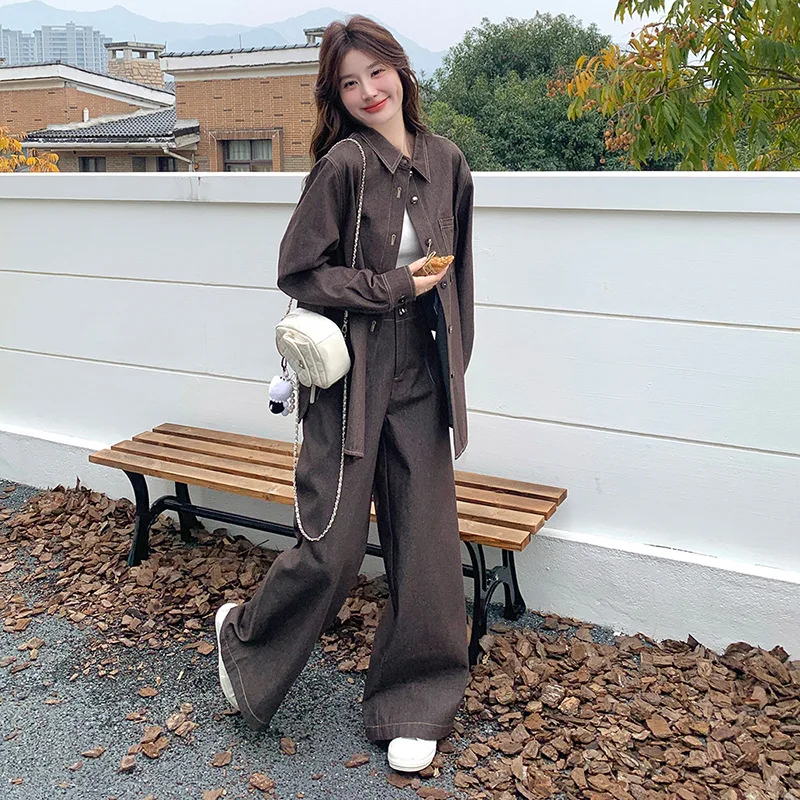 Traje vaquero informal de café para mujer, abrigo dulce, pantalones de pierna ancha de cintura alta, traje de dos piezas, primavera 2025