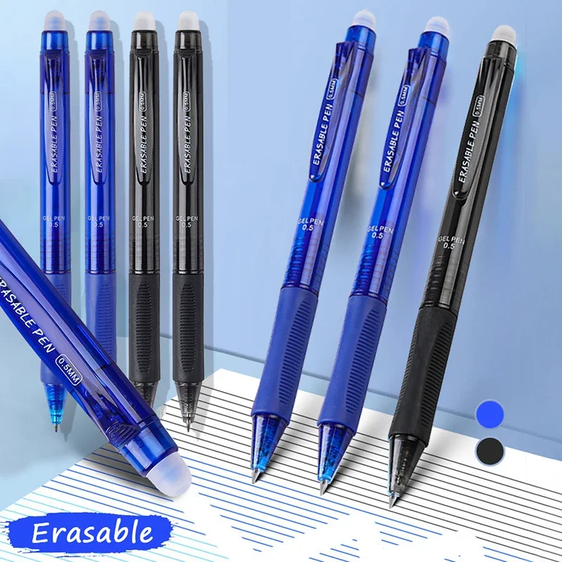 0.5mm High-Capacity Erasable Gel Pen Set Translucent Rod Blue Black Magic Ink Washable School Office Stationery Supplies