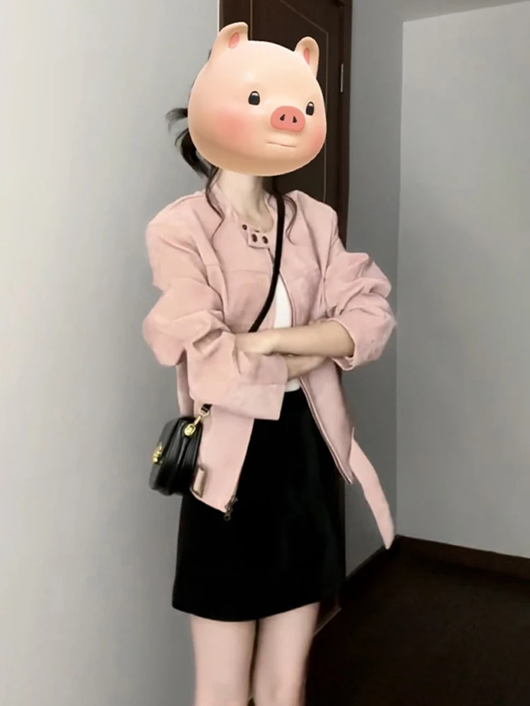 Sweet Cool Style Pink Leather Jacket Women's 2026 New Early Autumn Korean High-End Short Motorcycle Jacket Top