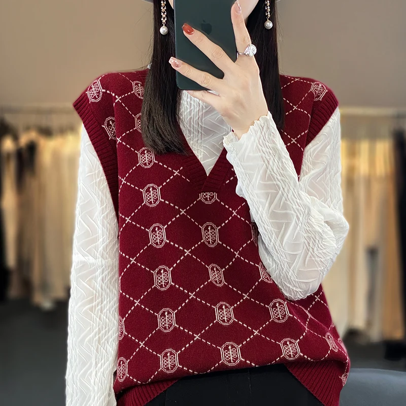 2023 Spring and Autumn New vintage Style 100% Pure Wool Pullover V-neck Sweater Vest Women's Sleeveless Knitting Versatile Vest