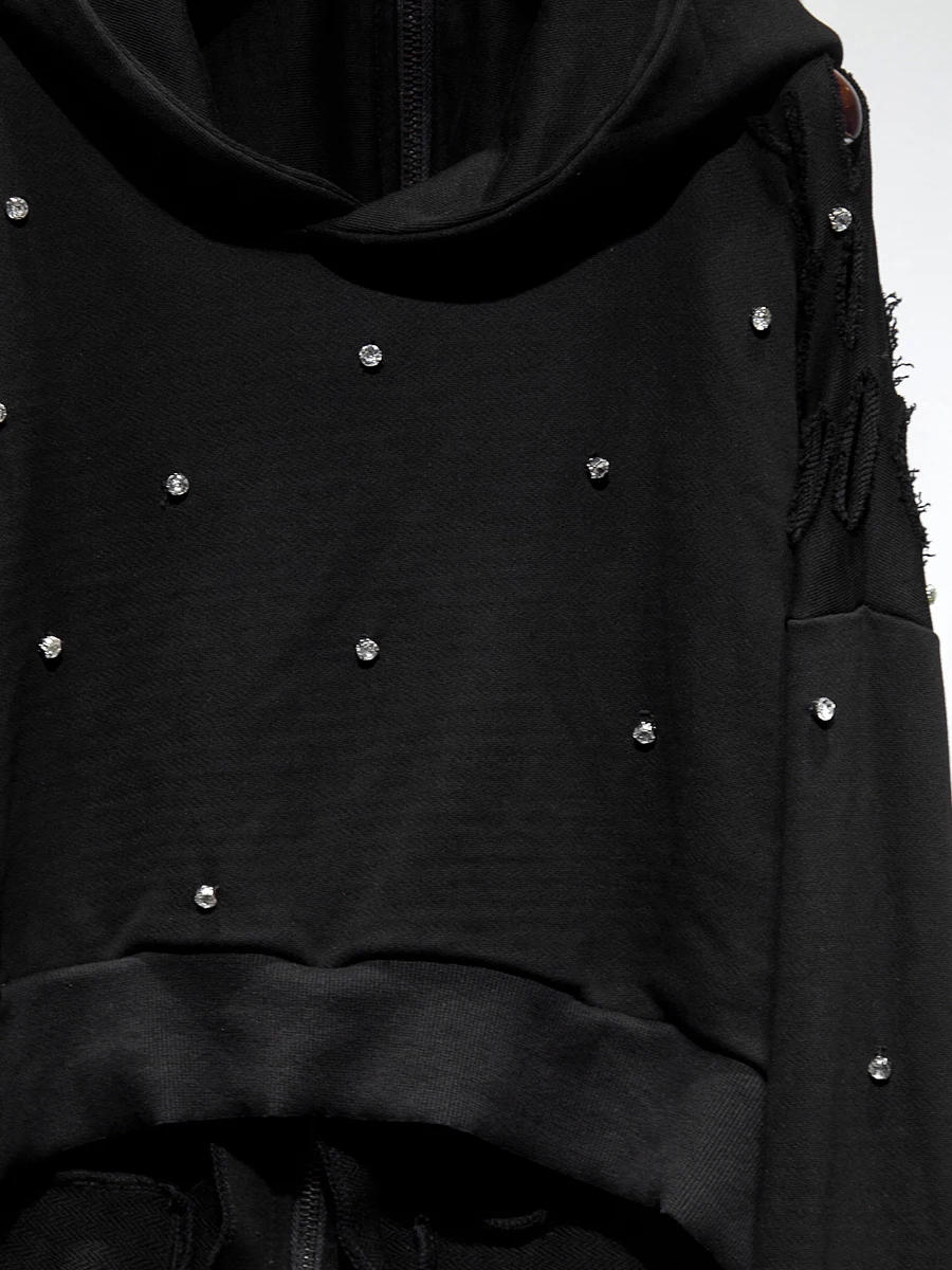 Fashion Trend American High Street Heavy Rhinestone Hooded Jacket Autumn New Zipper Loose Casual Top for Women